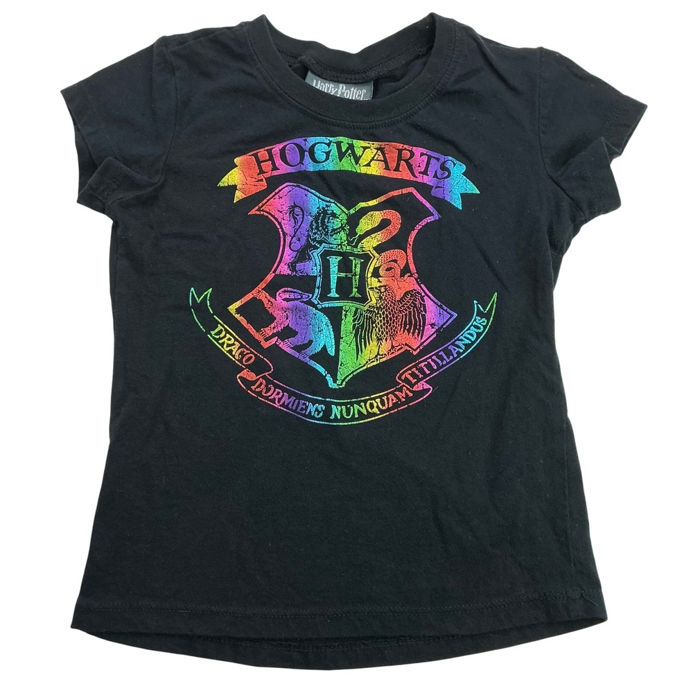 Harry Potter Black T-Shirt Kids Size 6/6X Rainbow Hogwarts Crest Graphic Tee